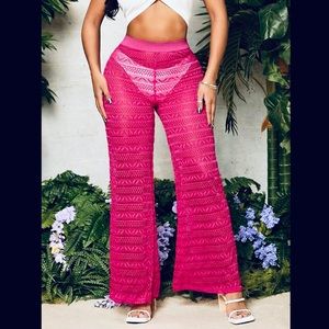 Barbie Hot Pink Lace Crochet Sheer Stretch High Waist Cover Up Pants XS